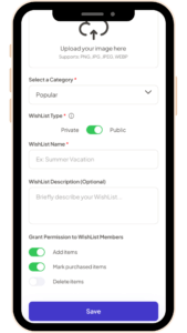 Wishlist creation screen with category, type, and permissions settings.