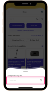 Find product by URL" search bar highlighted in the app.
