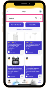 Shopping app search results for "Earbud" with prices and ratings.