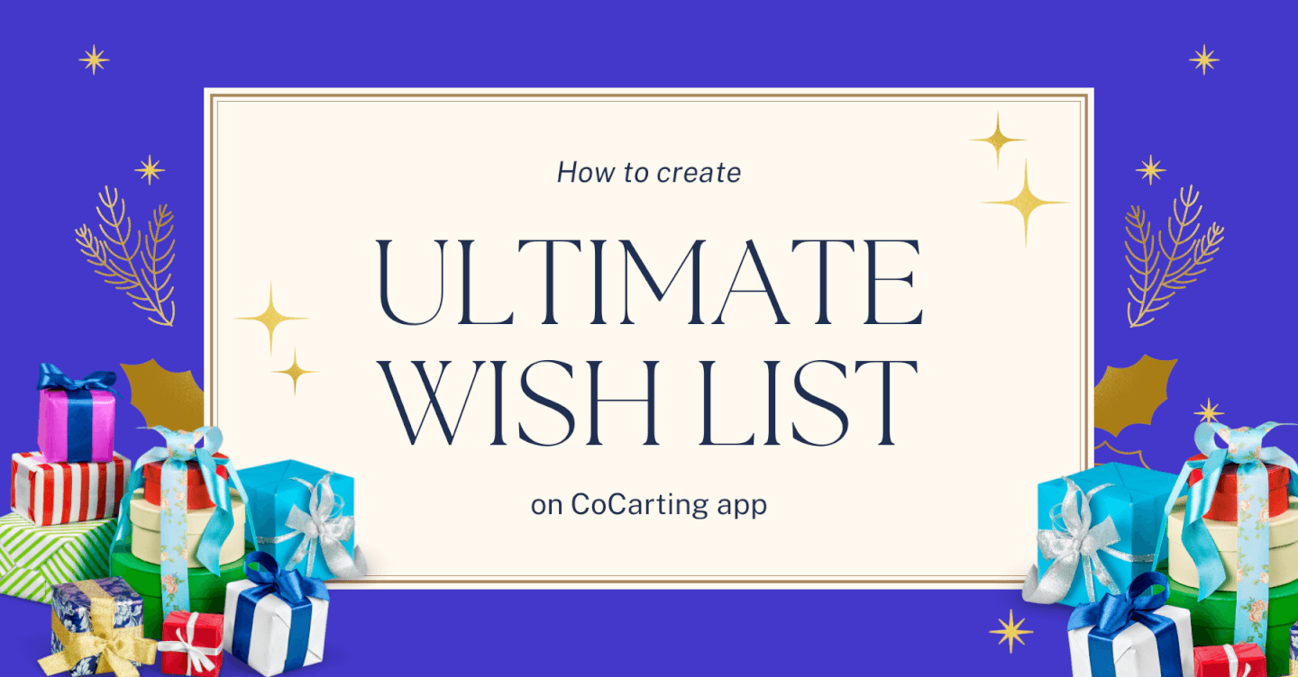 Graphic promoting the CoCarting app, featuring colorful gift boxes, with text on creating an ultimate wish list.