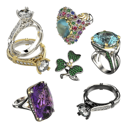 Gemstone Rings: Six ornate diamond and gemstone rings.