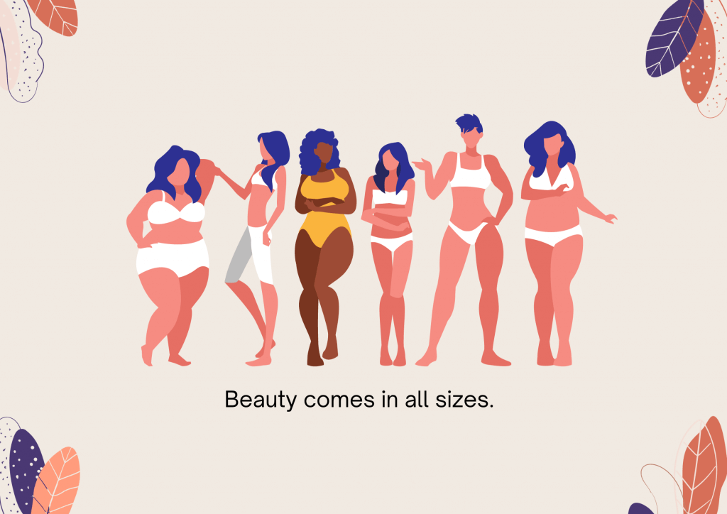 Plus-Size Appreciation Day 1 Brown Pink and Violet Women of Different Sizes with Abstract Leaf Borders Poster