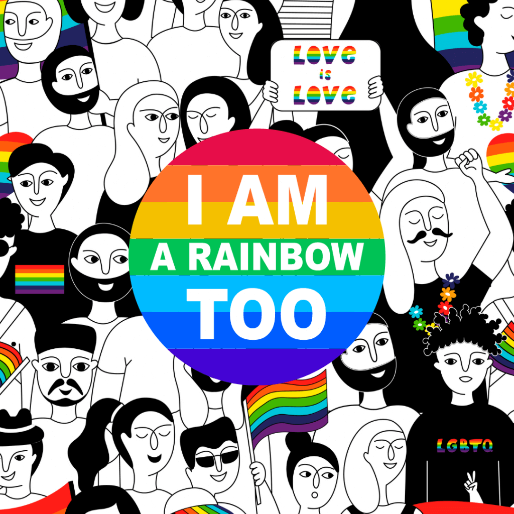 lgbtq+ rainbow circle saying "I am rainbow too"
