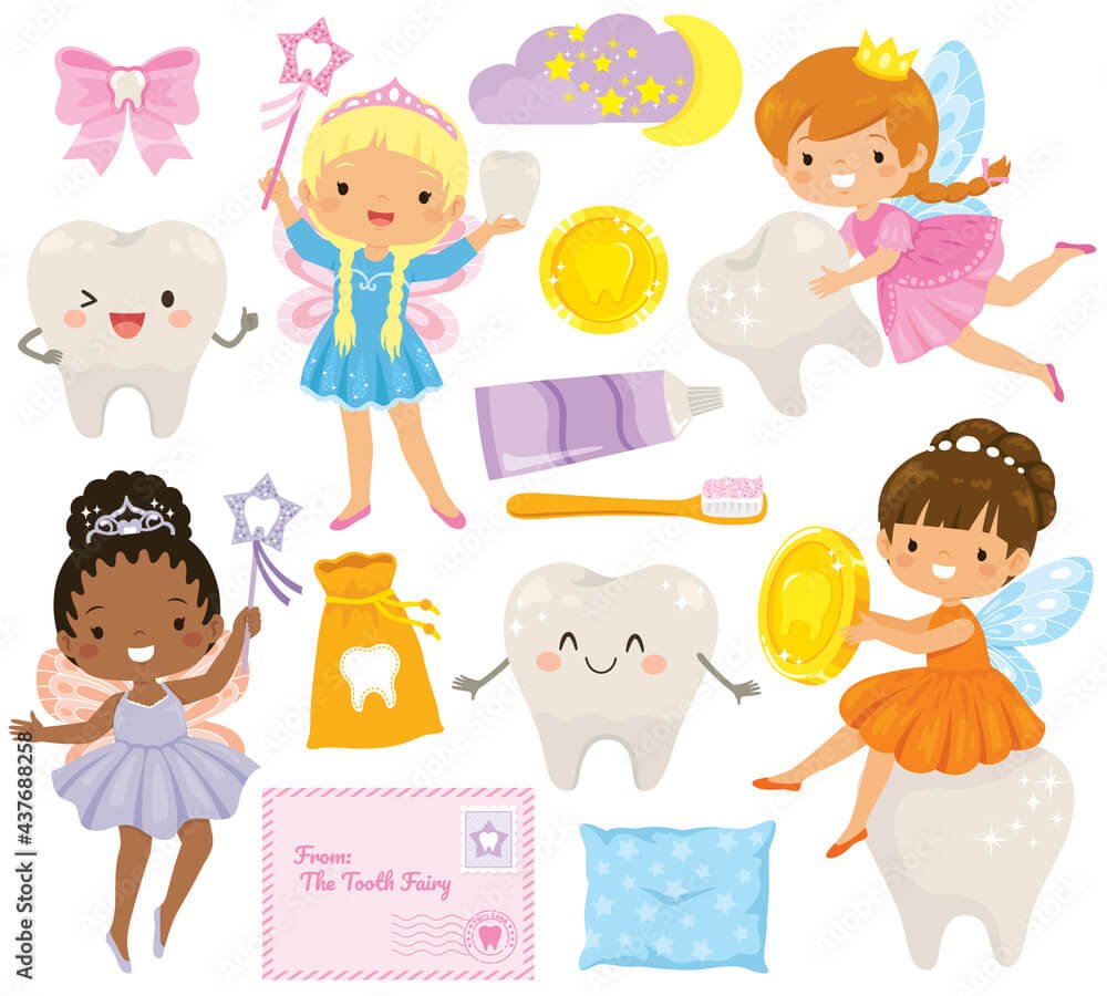 Tooth Fairy Set: Cartoon Tooth Fairies, coins, and teeth icons.