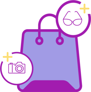 Stylized shopping bag with eyewear and camera icons, representing things to shop for.