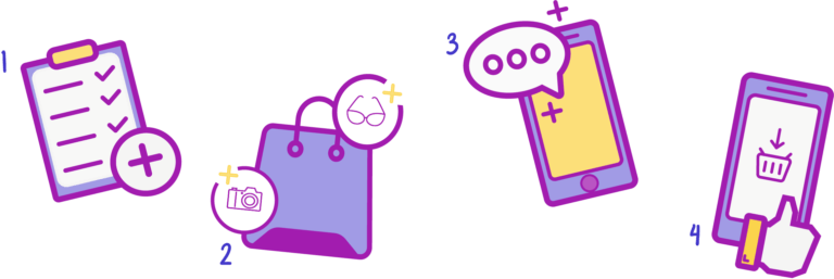 Four colorful icons: checklist, shopping bag, message app, and phone—depicting the how-to-use steps for a shopping app.