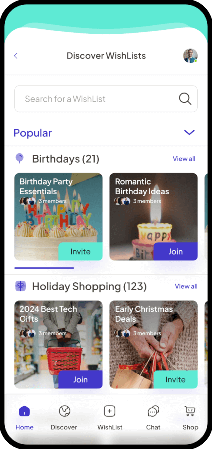 A CoCarting app screen featuring trending wishlists for birthdays, holiday shopping, and party planning.