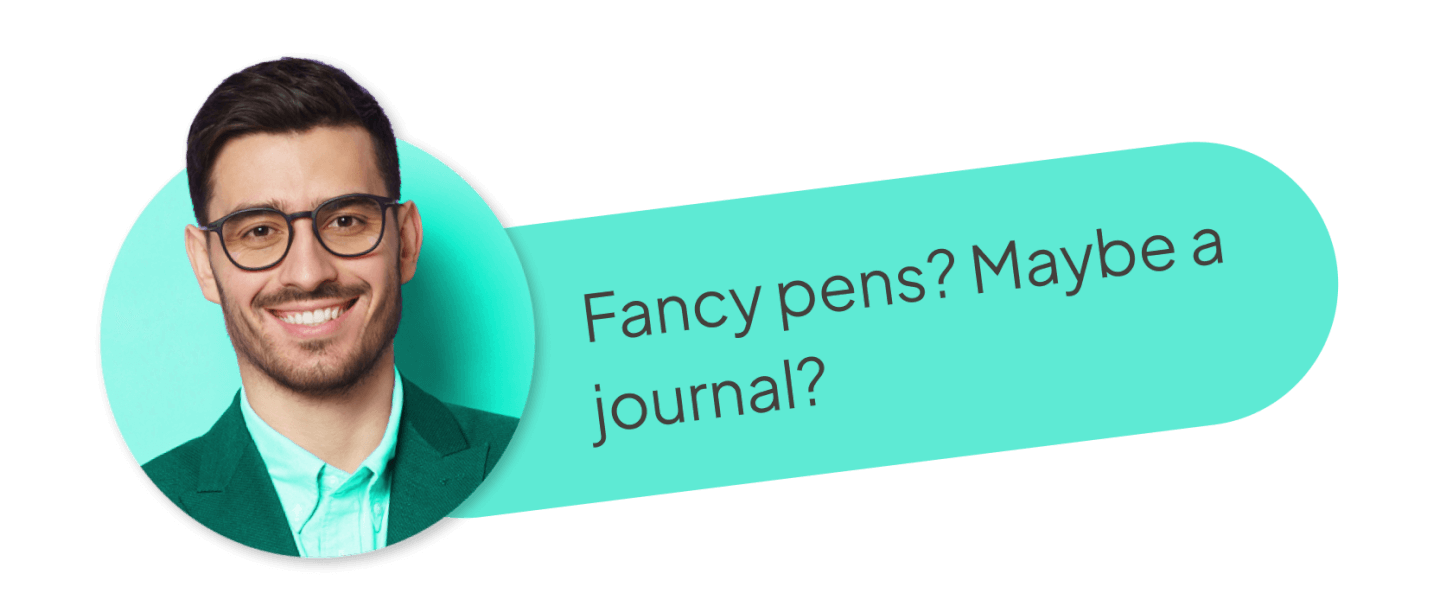 Man thinking about journals and pens for his wishlist.